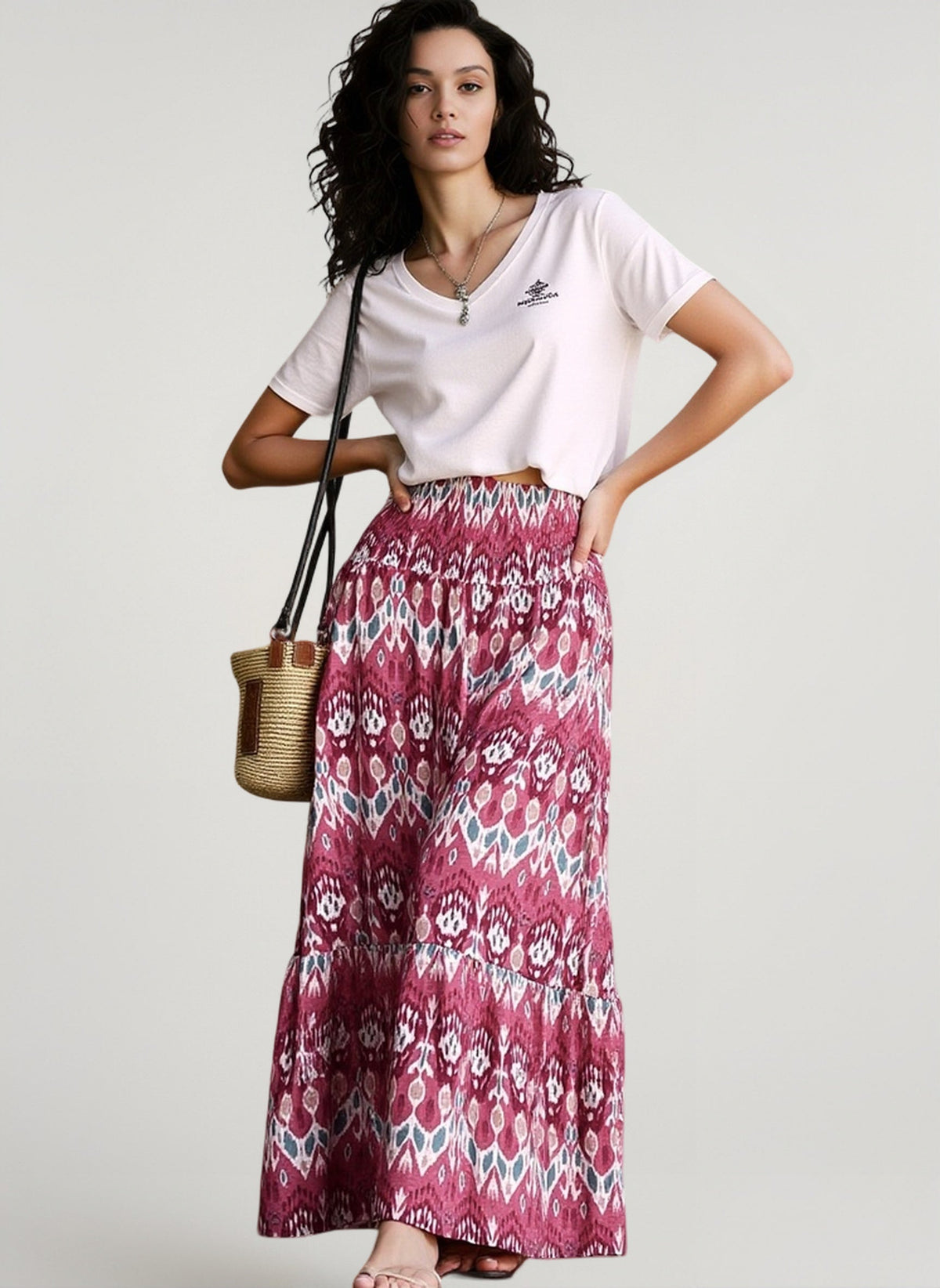 Ikat Print Smocked Waist Tiered Boho Maxi Skirt 3