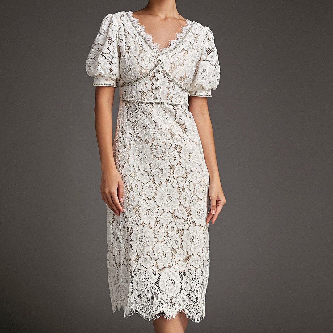 White Lace Overlay V-Neck Rhinestone Detail Midi Dress - View 8