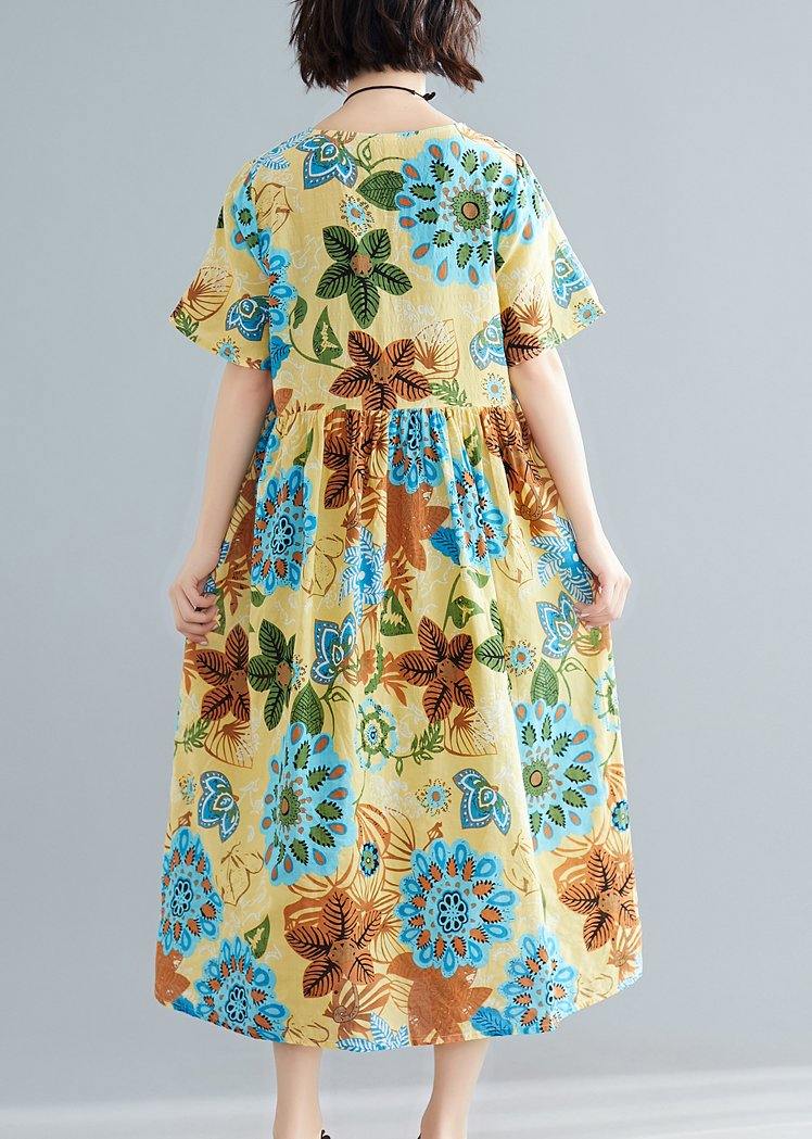 Floral Print Round Neck Short Sleeve Babydoll Gathered Waist Midi Dress