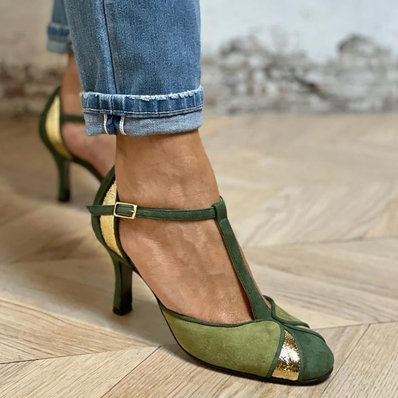 Contrast T-Strap Round Toe Stiletto Heel Pumps