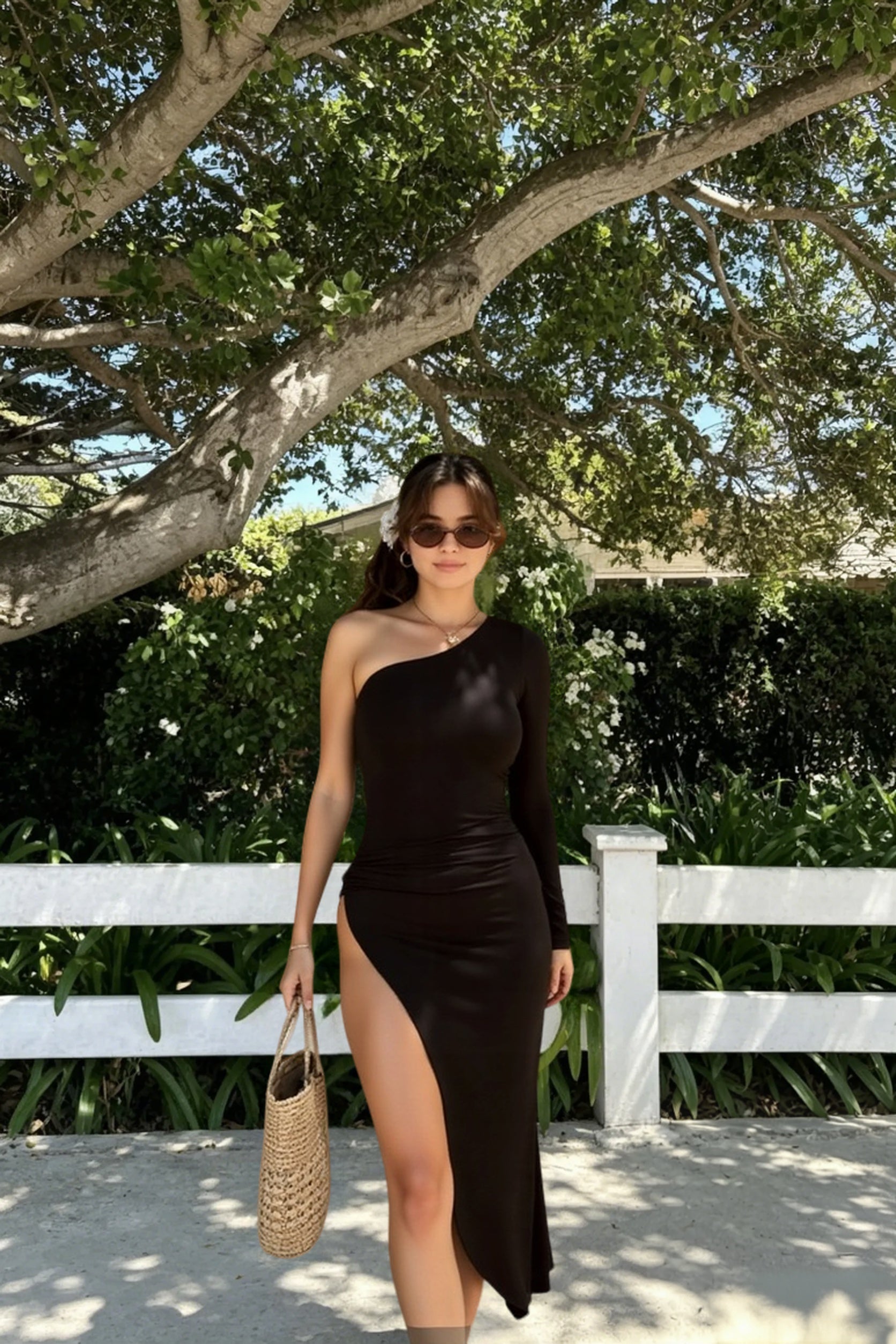 Asymmetric One Shoulder Long Sleeve Ruched Side Slit Bodycon Midi Dress