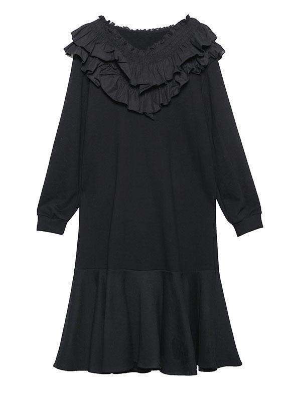 Tiered Ruffle Collar Long Sleeve Ribbed Cuff Flounce Hem Midi Dress