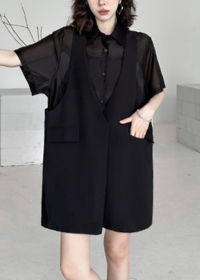 Faux Two-Piece Sheer Button Front Shirt Sleeveless Pocket Vest Midi Dress