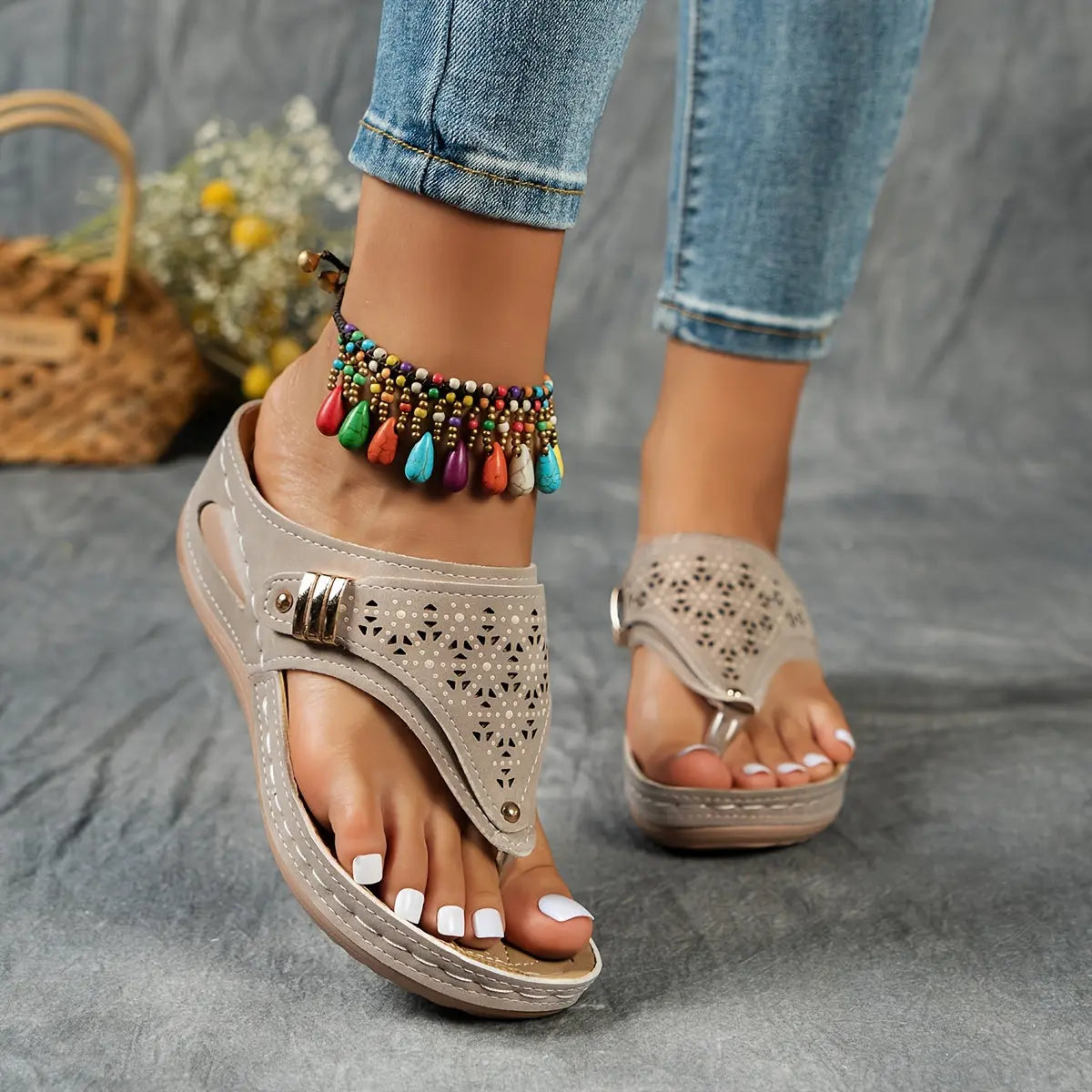 Cut Out Floral Thong Wedge Sandals