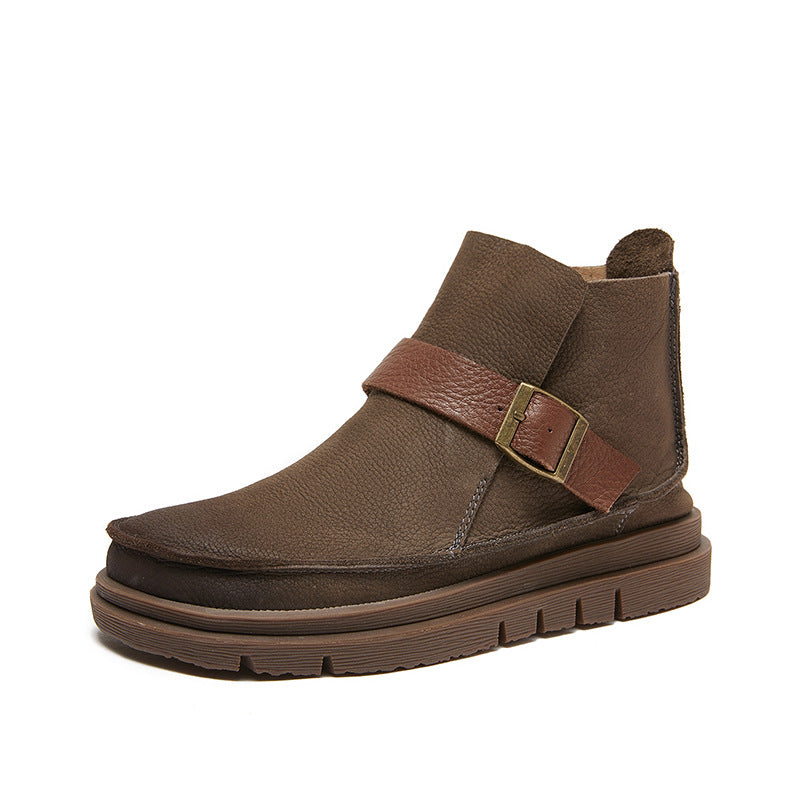 Mori Style Ankle Booties For Women Brush-Off Leather Buckle Boots in Coffee/Khaki