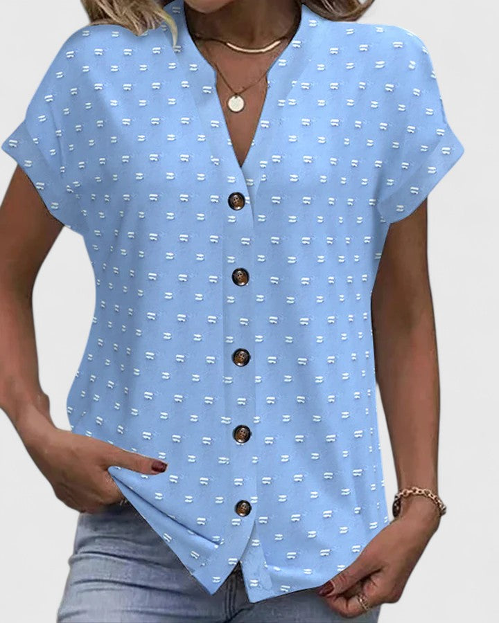 V-Neck Short Sleeve Button Front Textured Dot Blouse