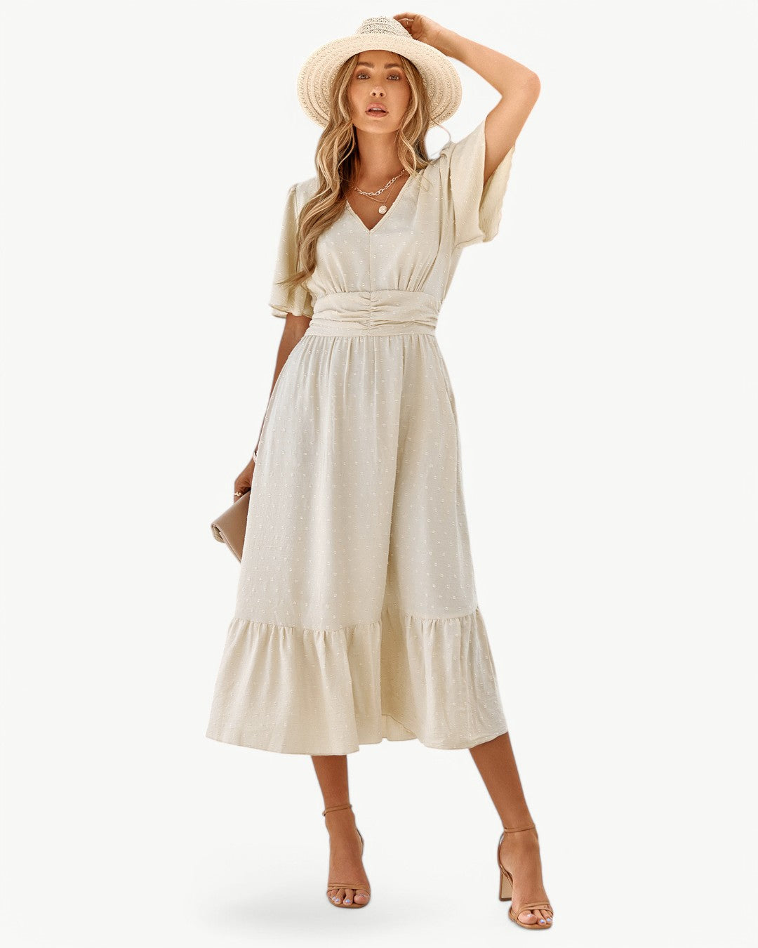 Swiss Dot V-Neck Flutter Sleeve Ruched Waist Tiered Midi Dress