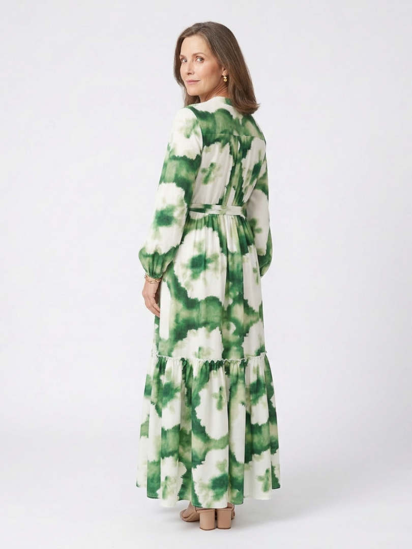 Long Sleeve Tie Waist Tie Dye Tiered Maxi Dress