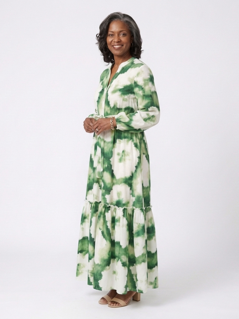 Long Sleeve Tie Waist Tie Dye Tiered Maxi Dress
