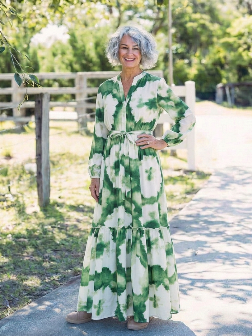 Long Sleeve Tie Waist Tie Dye Tiered Maxi Dress