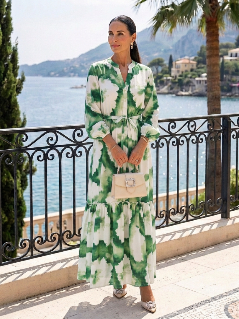 Long Sleeve Tie Waist Tie Dye Tiered Maxi Dress