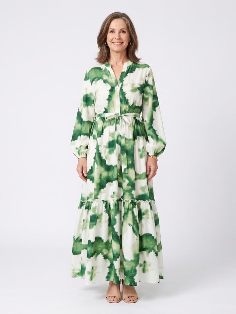 Long Sleeve Tie Waist Tie Dye Tiered Maxi Dress