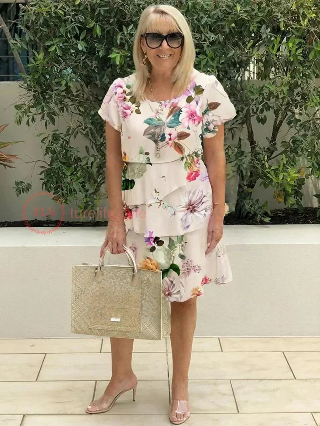 Floral Print Round Neck Flutter Sleeve Tiered Layered Mini Dress 6