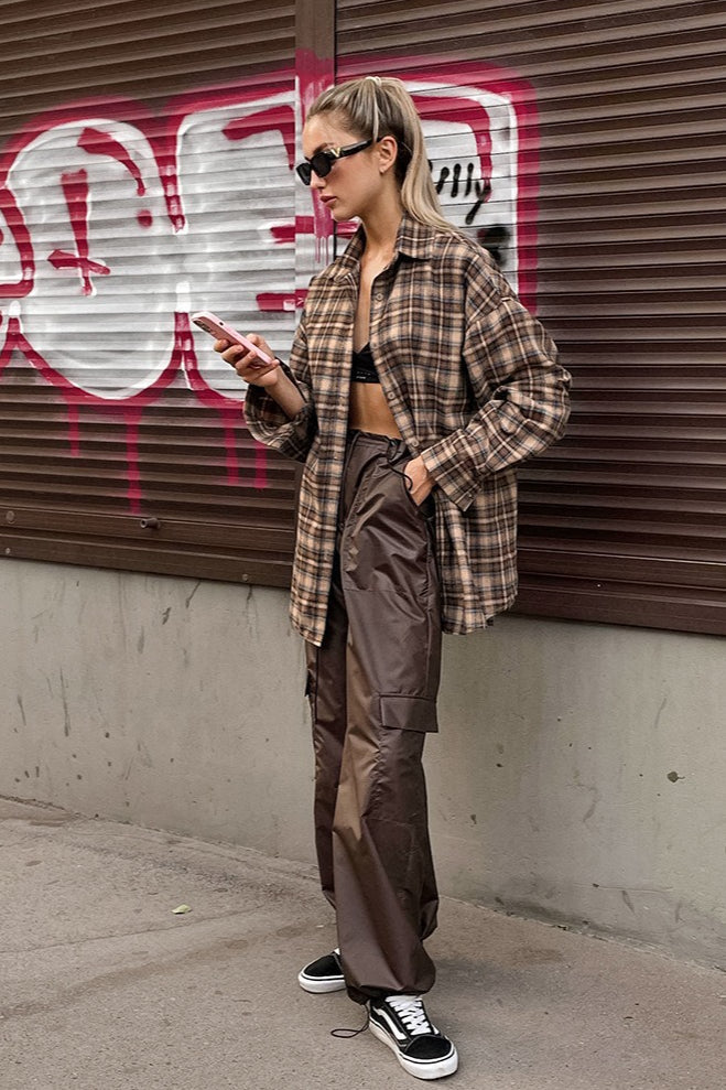 Plaid Oversized Collared Button Front Long Sleeve Shirt 3