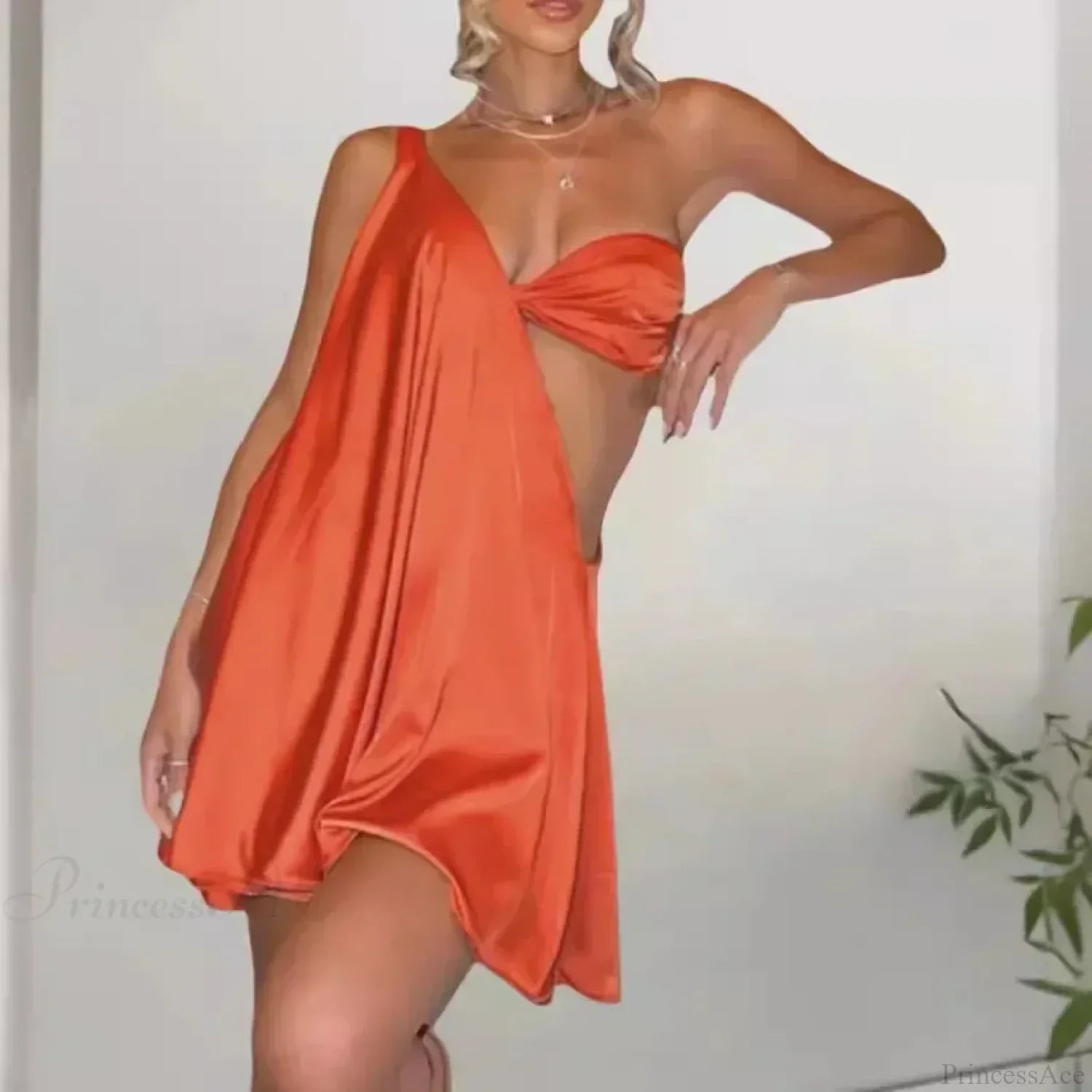 Diagonal Shoulder Mesh Mini Dress - View 5