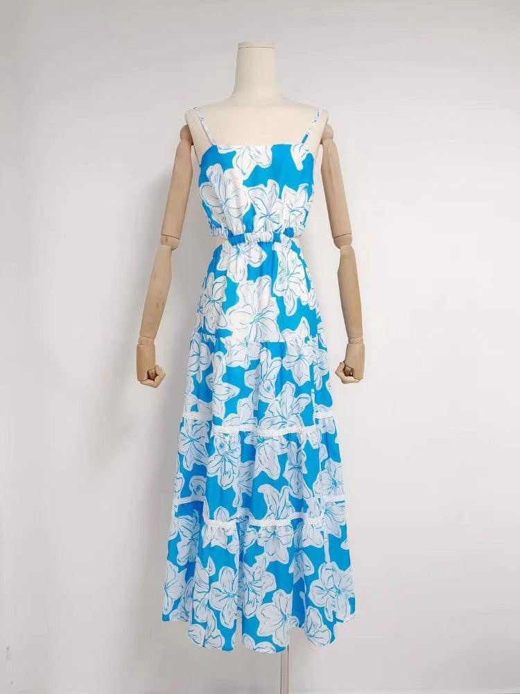 Diane Spaghetti Strap Hollow Out Aloha Print Maxi Dress