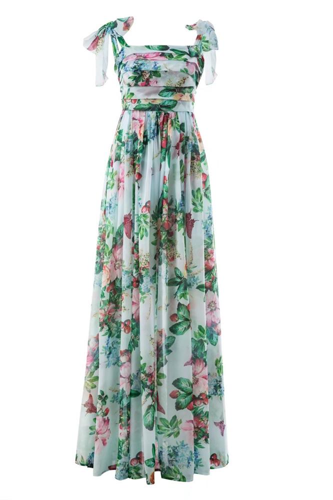 Floral Print Tie Shoulder Wide Strap Open Back Maxi Gown