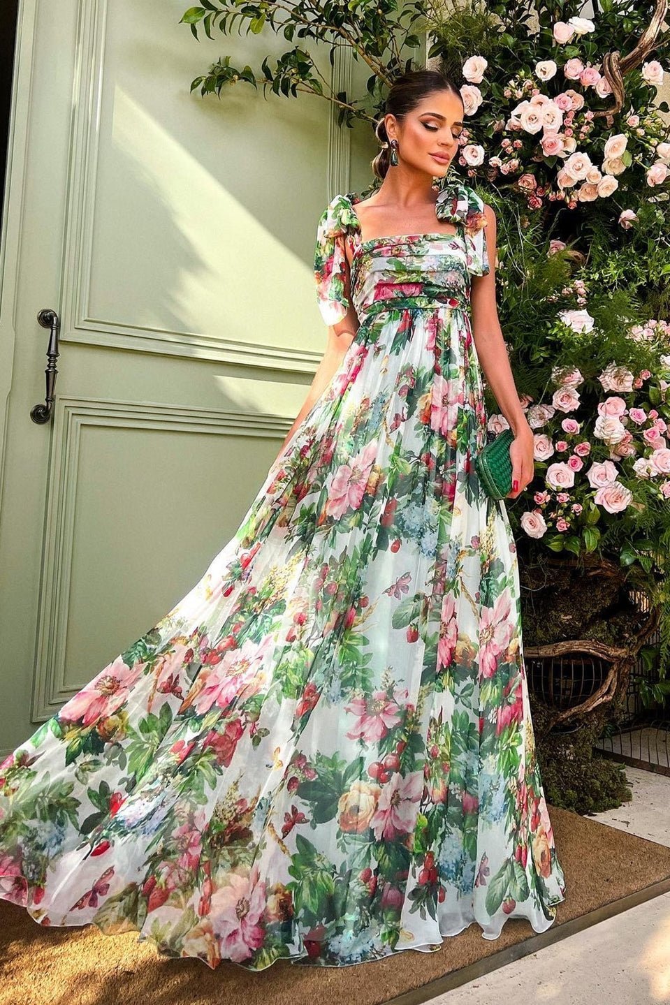 Floral Print Bow Tie Strap Open Back A-Line Maxi Gown