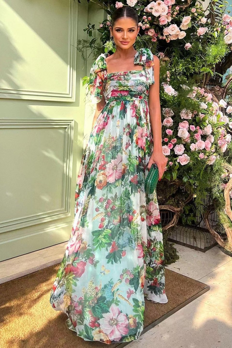 Floral Print Bow Tie Strap Open Back A-Line Maxi Gown