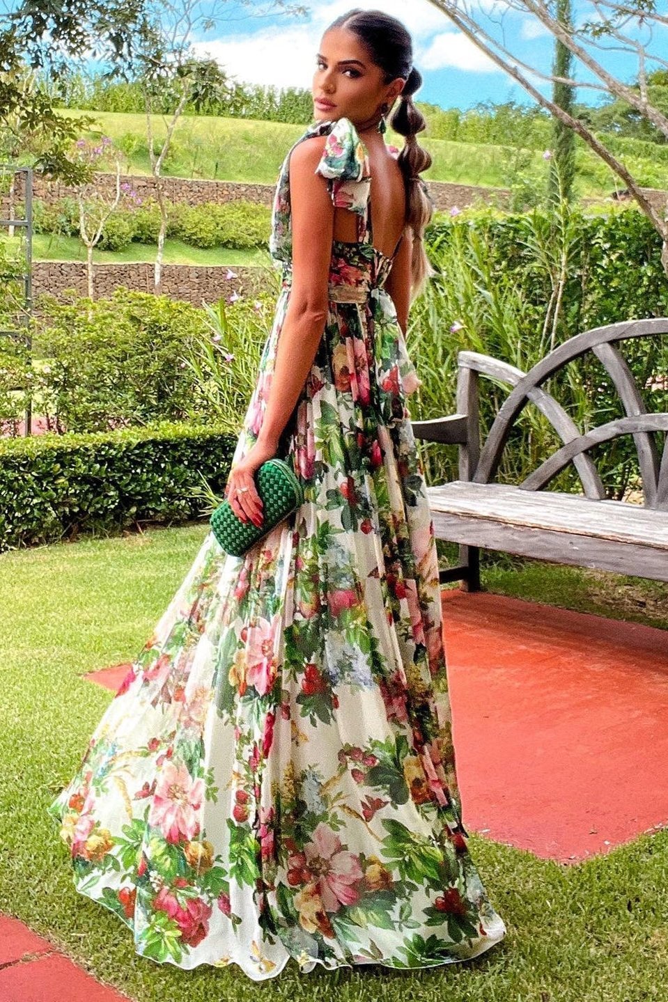 Floral Print Tie Shoulder Wide Strap Open Back Maxi Gown
