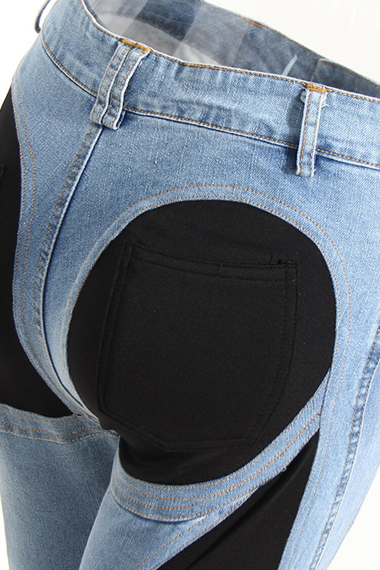 Distinctive High Waist Spiral Spliced Split Hem Skinny Denim Jeans