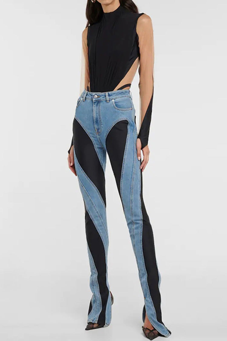 Distinctive High Waist Spiral Spliced Split Hem Skinny Denim Jeans