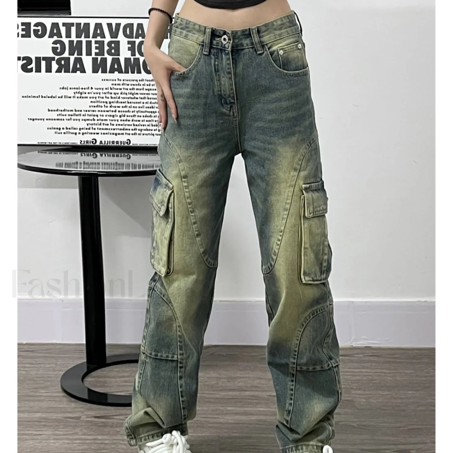 Distressed Big Graceful Pocket Cargo Jeans Blue / L women clothing