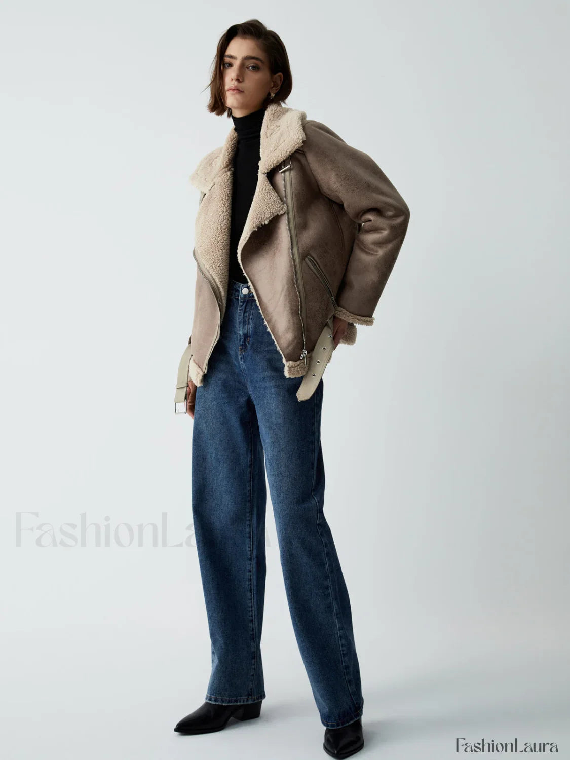 Distressed Leather Graceful Fleece Aviator Jacket