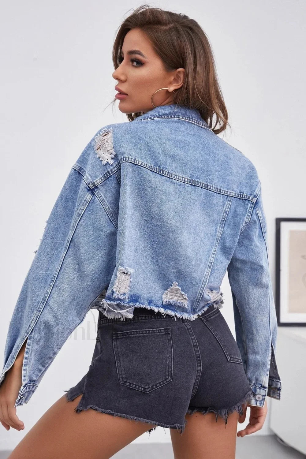 Distressed Raw Hem Denim Jacket
