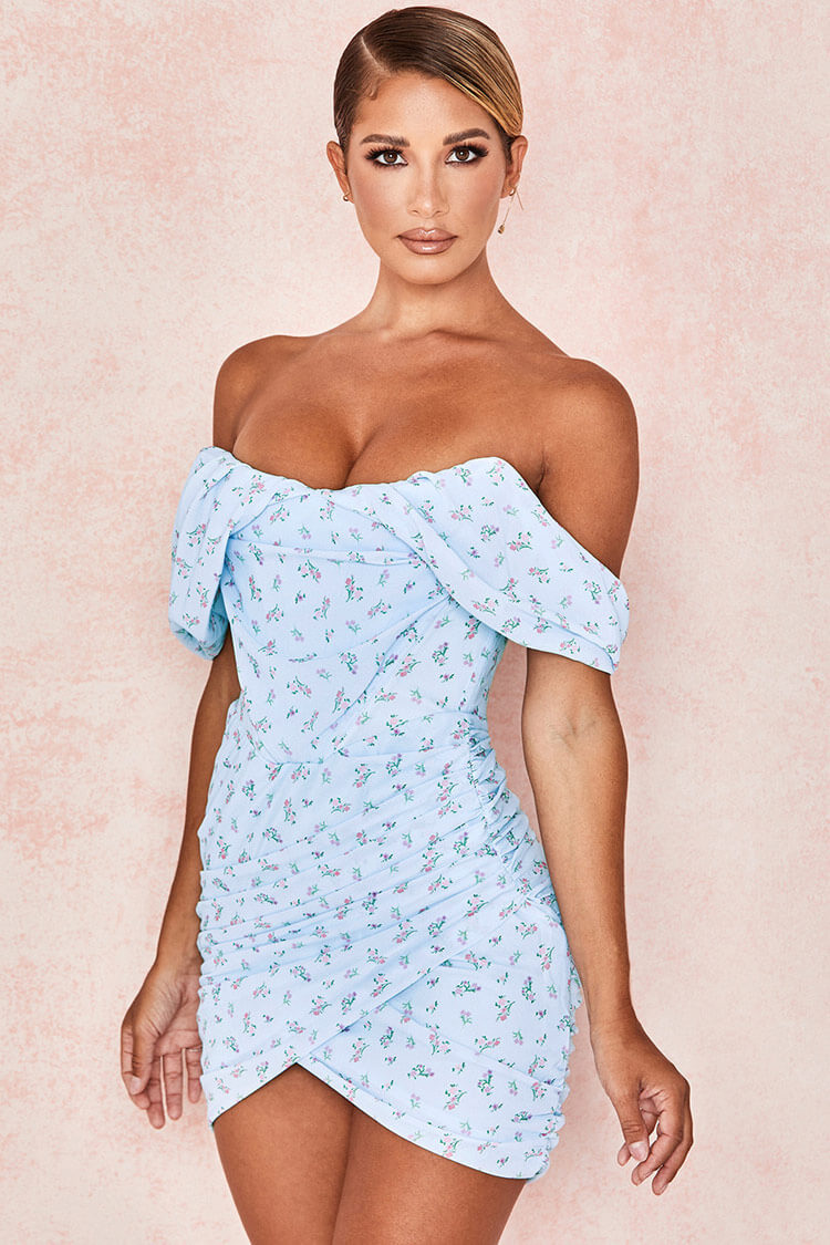 Floral Off Shoulder Ruched Wrap Bodycon Mini Dress