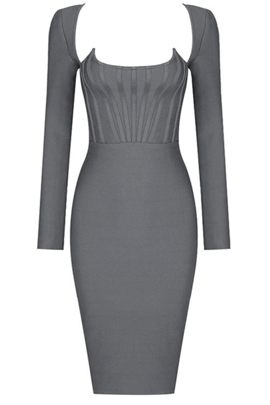 Bandage Scoop Neck Long Sleeve Corset Bodycon Midi Dress