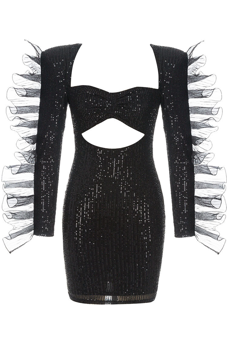 Square Neck Ruffle Long Sleeve Cut Out Sequin Bodycon Mini Dress