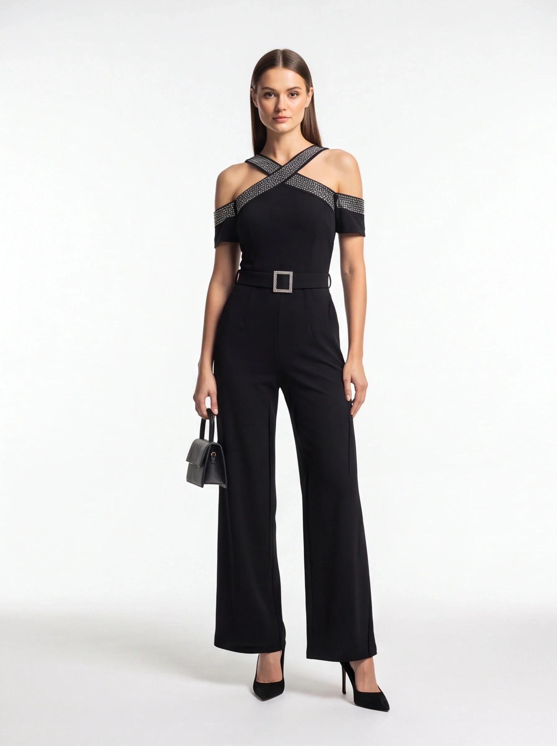 Elegant Cold Shoulder Jumpsuit with Pockets and Adjustable Straps