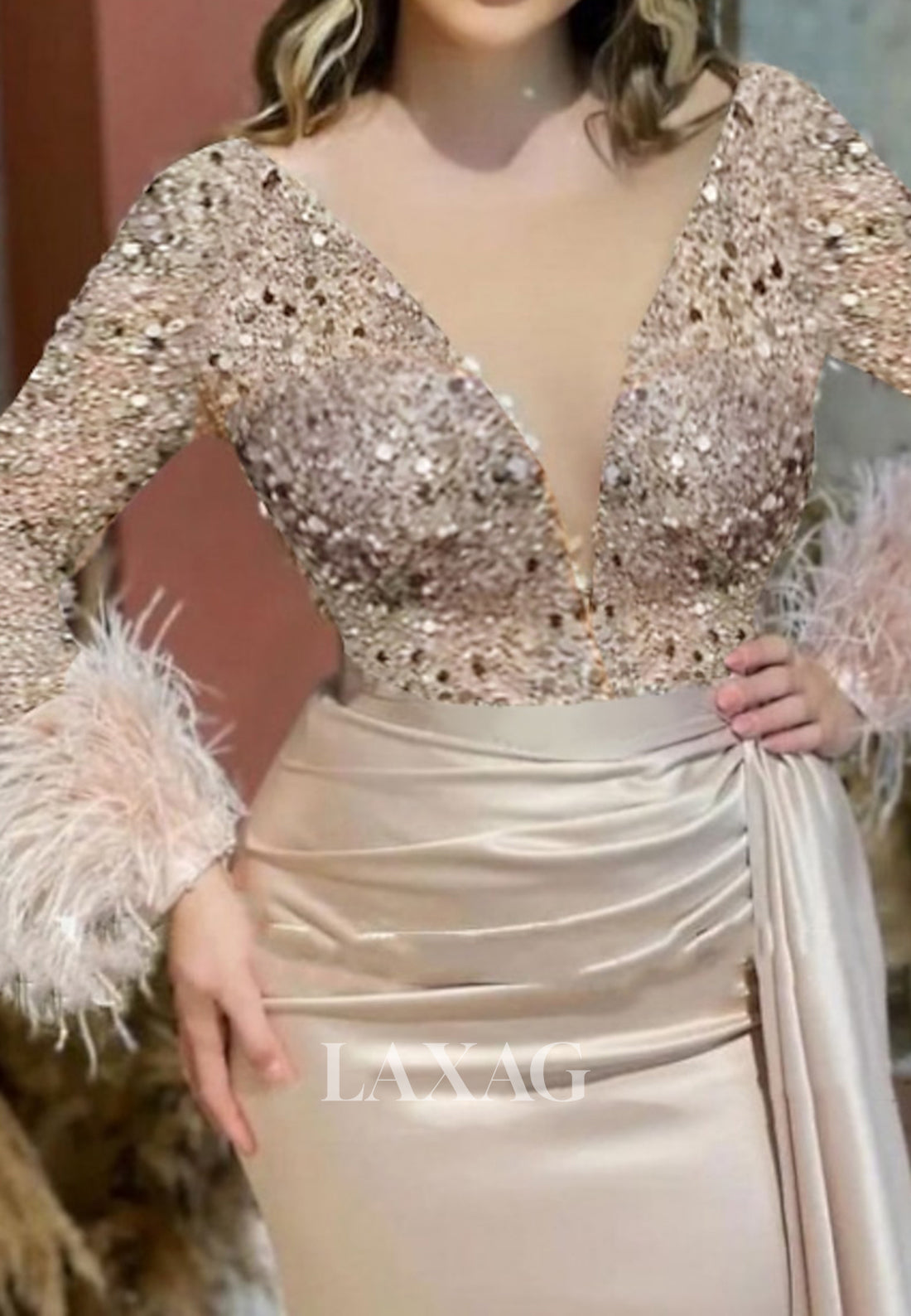 Deep V-Neck Long Sleeves Sequined Beaded Fringed Pleated Mermaid Prom Dress with Sweep Train