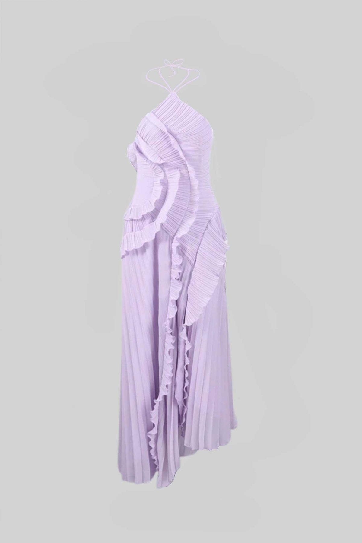 Pleated Halter Neck Cascading Ruffle High Split Maxi Dress 5
