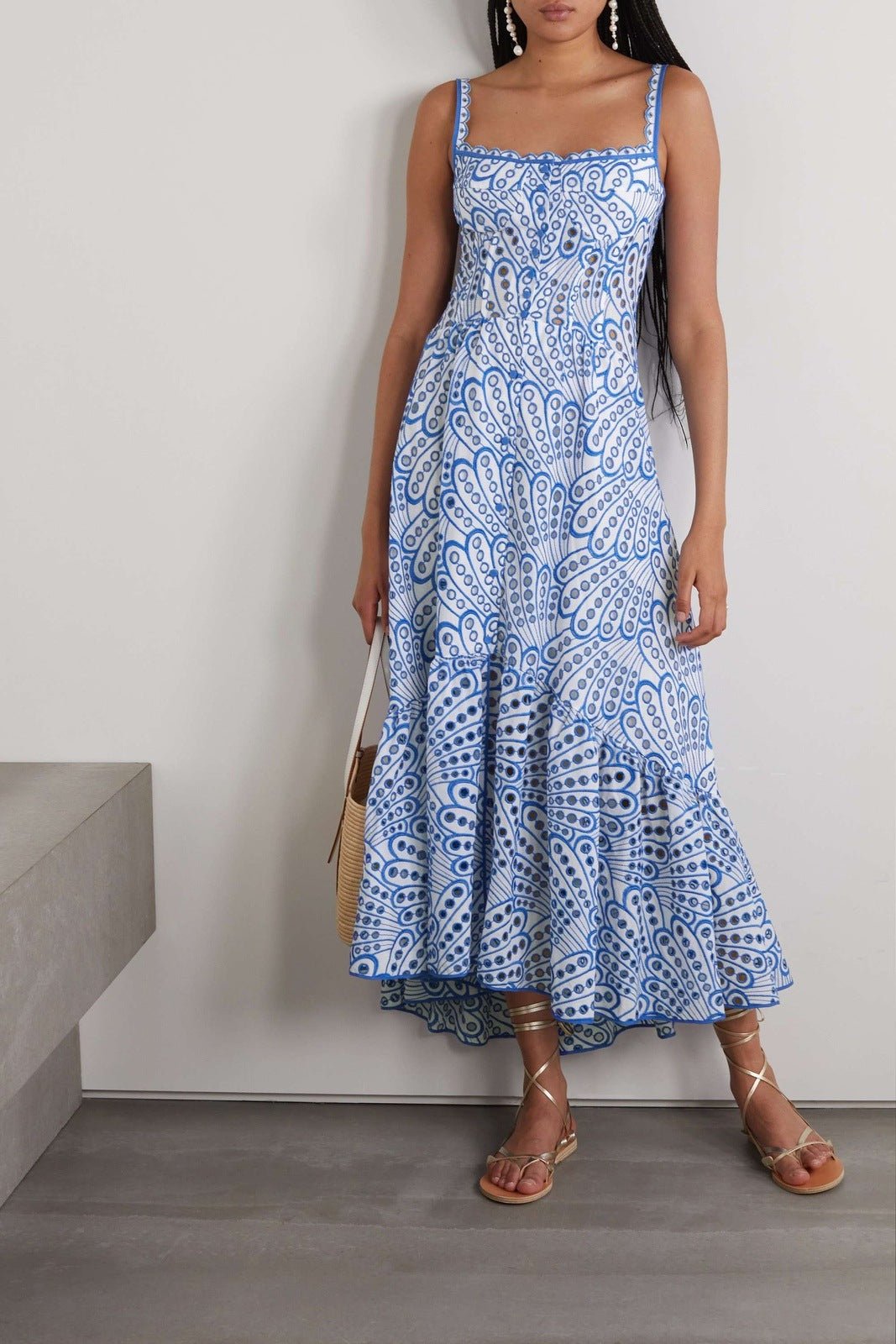 Eyelet Embroidered Smocked Back Contrast Trim Tiered Hem Cami Maxi Dress 10