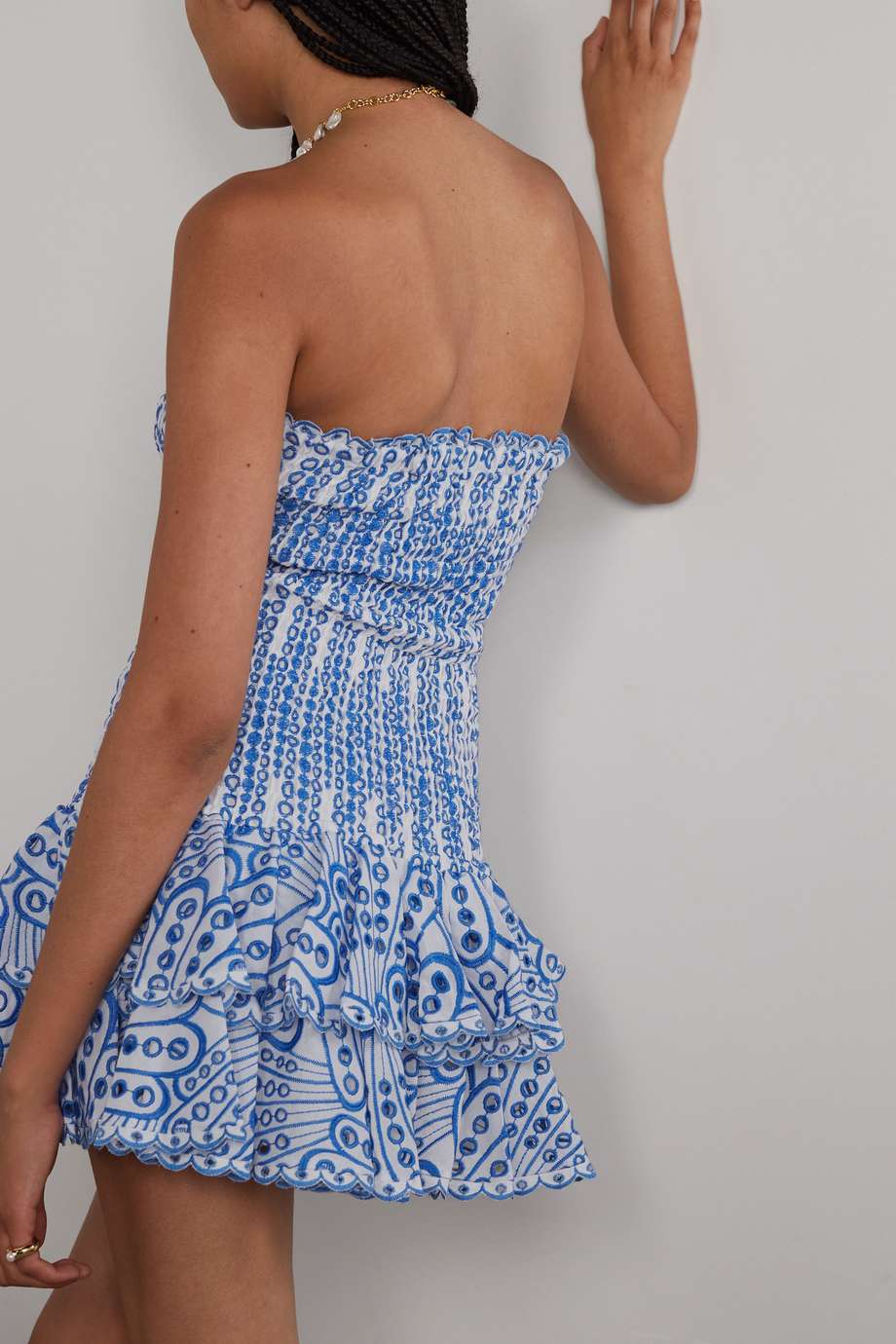 Strapless Smocked Eyelet Embroidered Tiered Ruffle Mini Dress 3