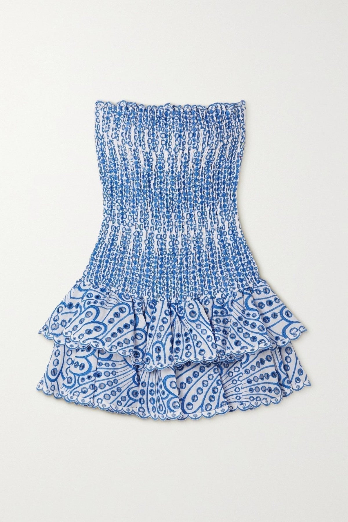 Strapless Smocked Eyelet Embroidered Tiered Ruffle Mini Dress 4