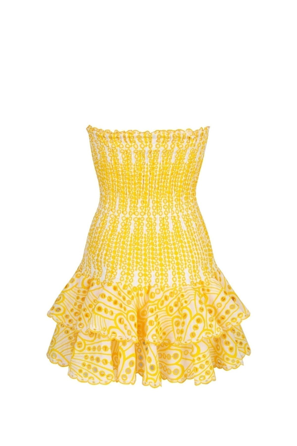 Strapless Smocked Eyelet Embroidered Tiered Ruffle Mini Dress 5