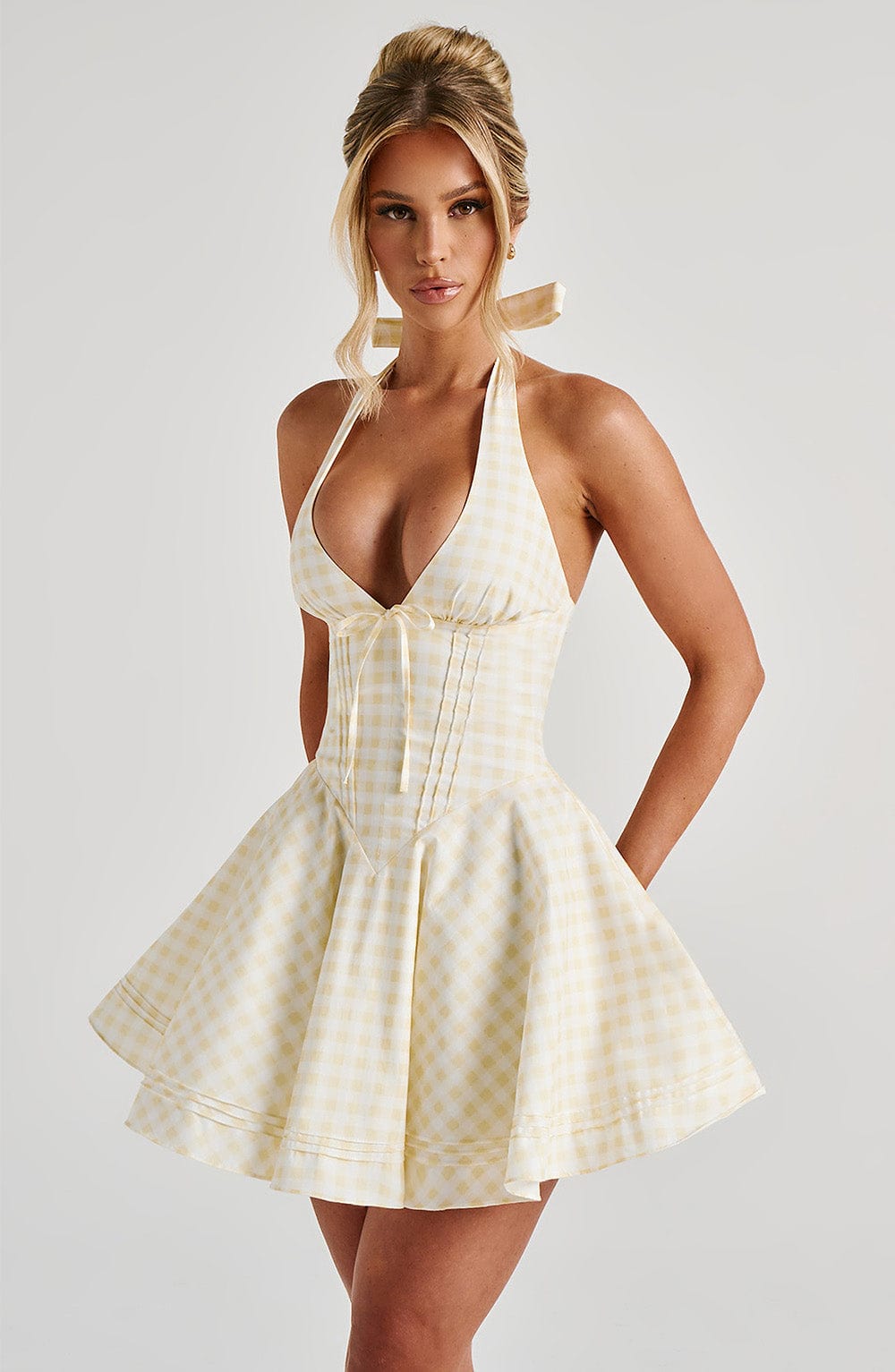Gingham Halter Plunge Bow Corset Bodice Flared Mini Dress 5