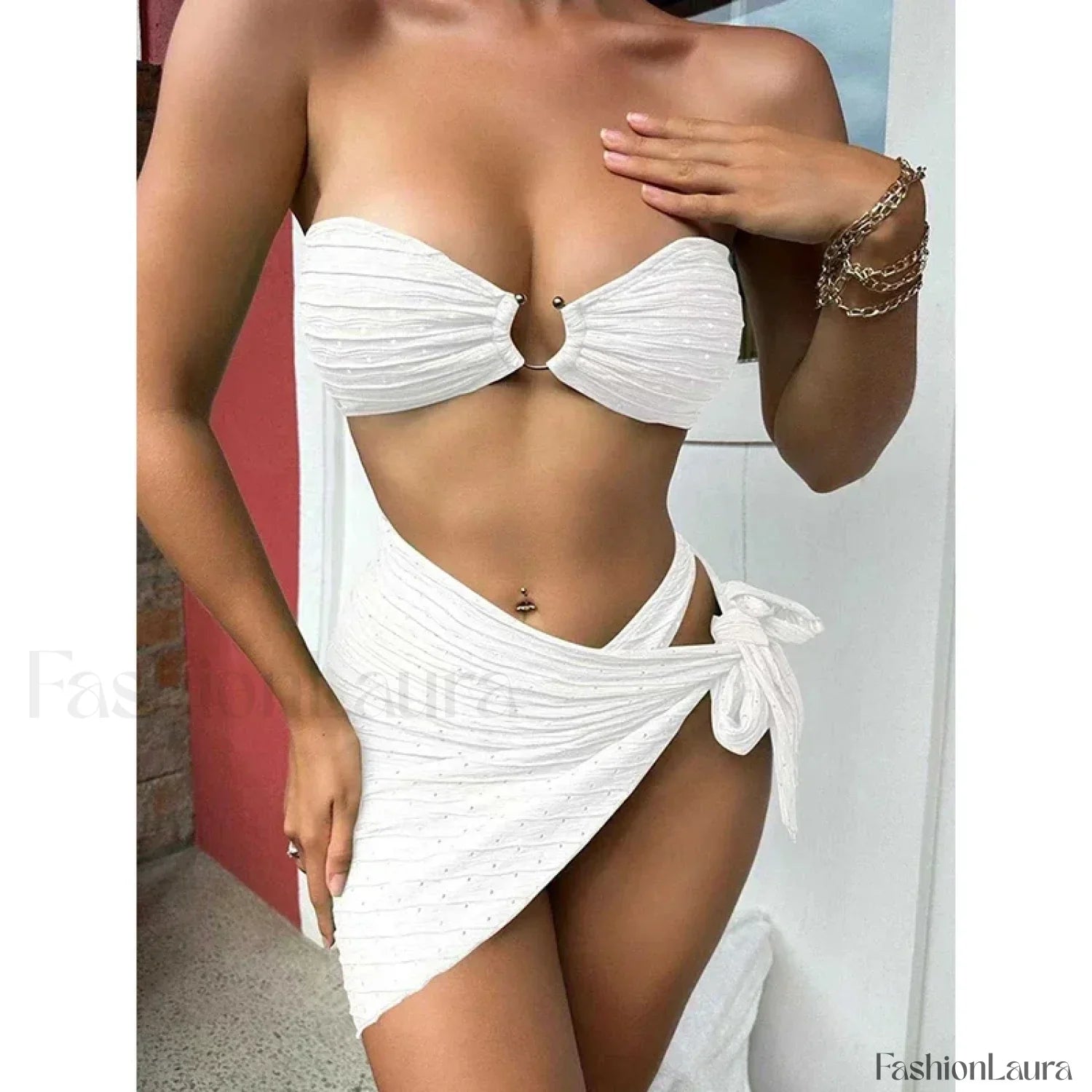 Dot Strapless Hollow Three Piece Set