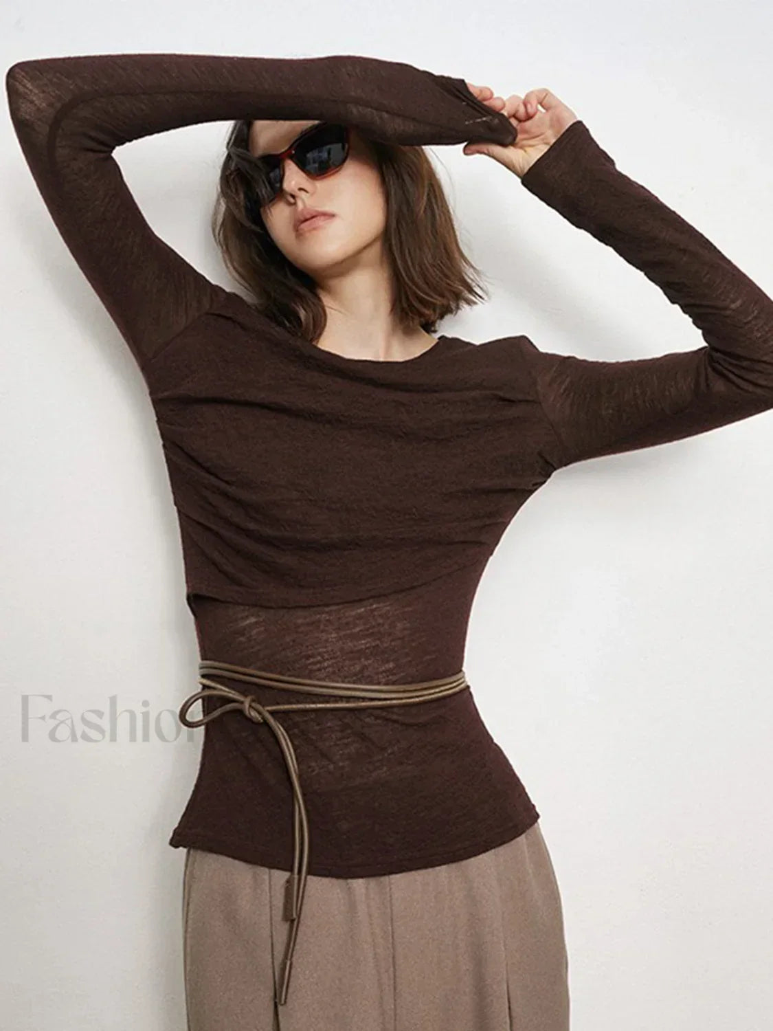 Double Layers Solid Trendy Long Sleeve Top Dark Brown / XS T Shirts