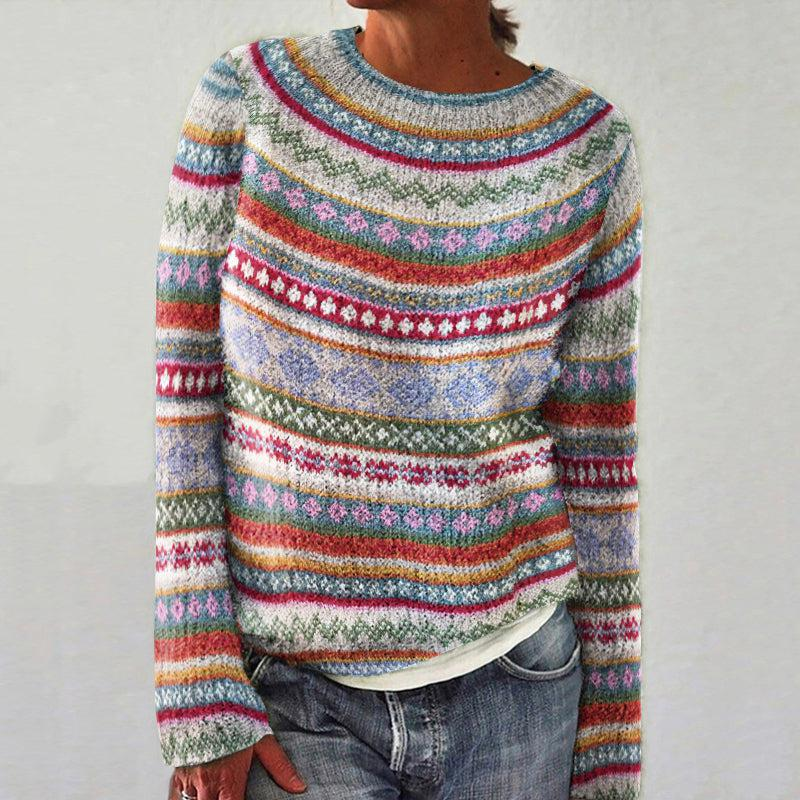 Crew Neck Long Sleeve Fair Isle Knit Sweater
