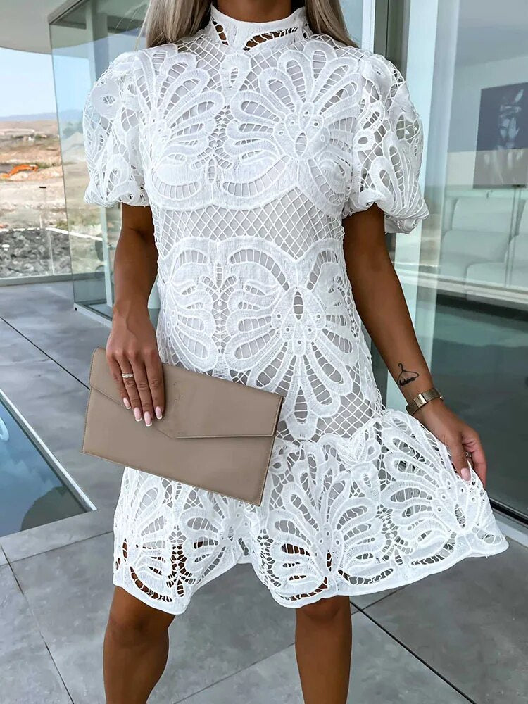 Crochet Lace Mock Neck Short Puff Sleeve Ruffle Hem Mini Dress 2