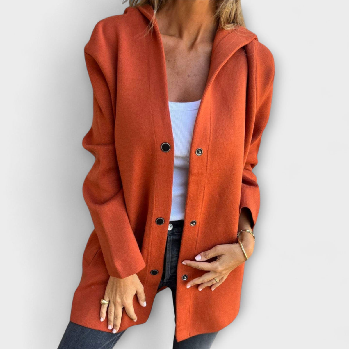 Hooded Button Front Longline Knit Coat
