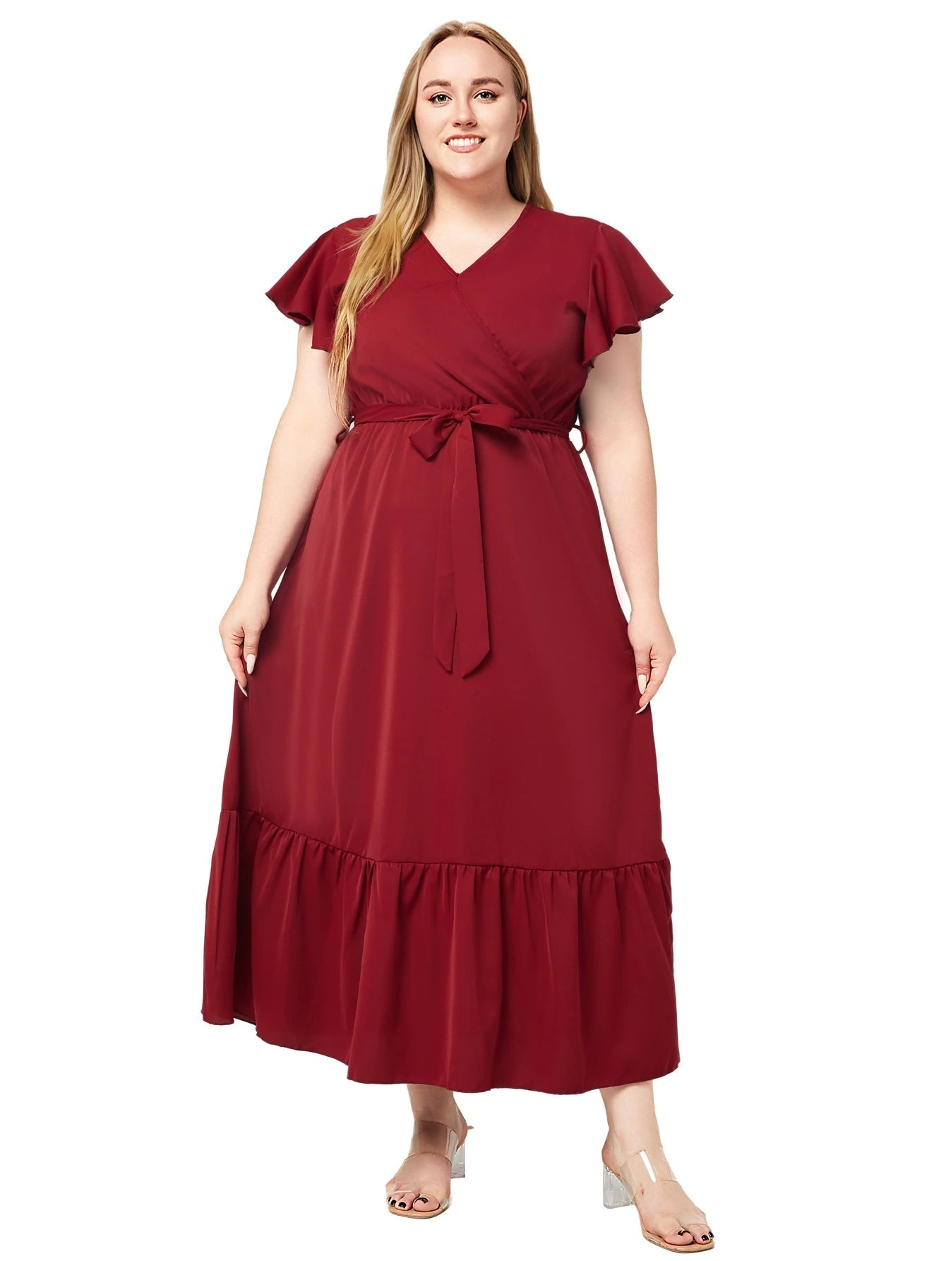 V-Neck Wrap Flutter Sleeve Belted Tie Waist Ruffle Hem Maxi Dress
