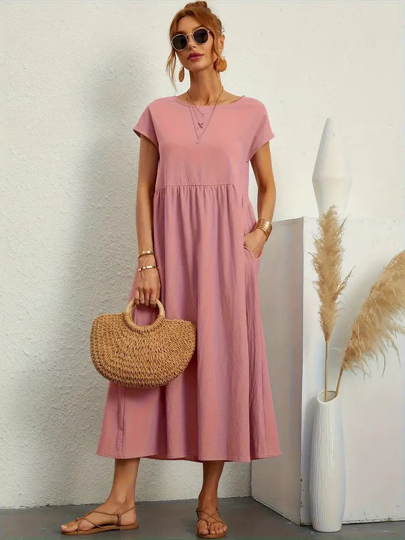 Crew Neck Cap Sleeve Empire Waist Pocket A-Line Midi Smock Dress
