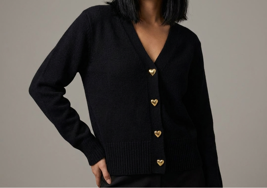 V-Neck Heart Button Front Knit Cardigan