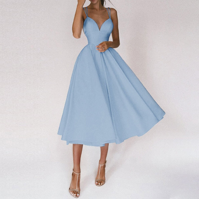 Double Strap Deep V-Neck Cinched Waist Fit and Flare Midi Cocktail Dress