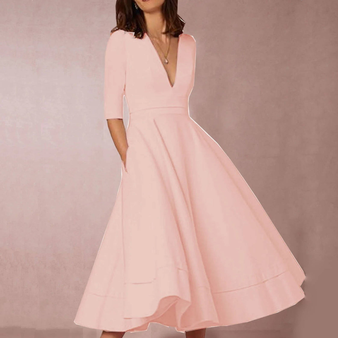 Deep V-Neck Half Sleeve Fit and Flare Midi Dress 10